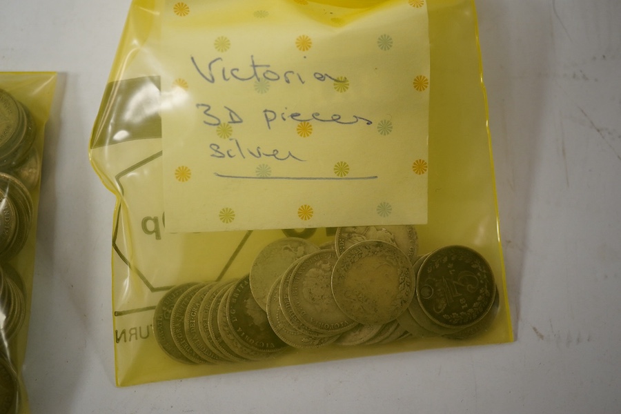 A small collection of coins including; George III pennies, cartwheel pennies, etc. Victoria 3d pieces, George V, etc. 3d pieces, an ERII coronation medal, a George VI Coronation medallion produced for the Mayfair hotel,